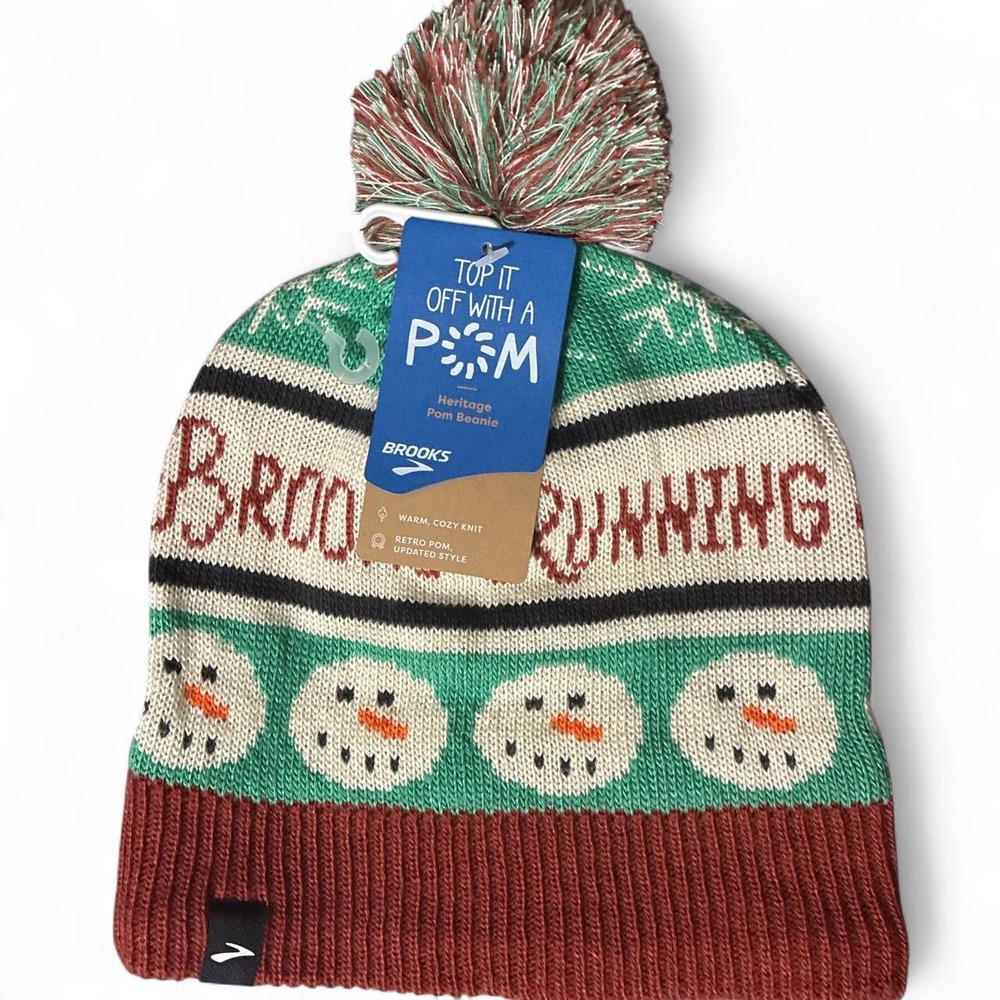 NWT Brooks Running Christmas Beanie with snowmen and snowflakes Brand new